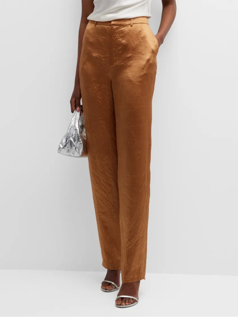 Cinq a Sept Kasid Crinkled Satin Pants Pecan Bronze Gold Straight Leg Sz 2